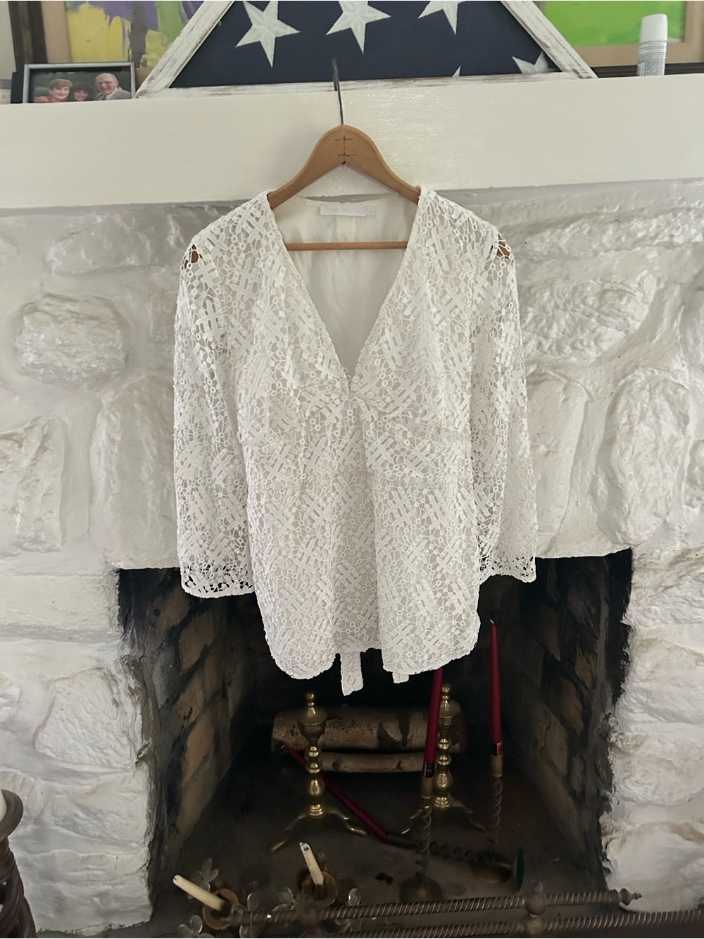 Anne Fontaine White Lace V-Neck Blouse